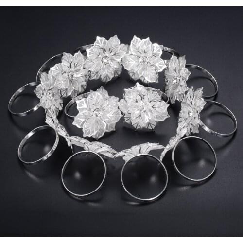 12Pcs Hollow Out Flower Napkin Rings Hotel Party Table Dinner Serviette Buckle Holder Silver Flower Type For Dinner Party
