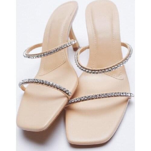 2021 New Summer Women Slippers Ladies Square Toe Shoe Female Rhinestone Sandals Womens Thin Heel Pumps Elegant Outsides Slides