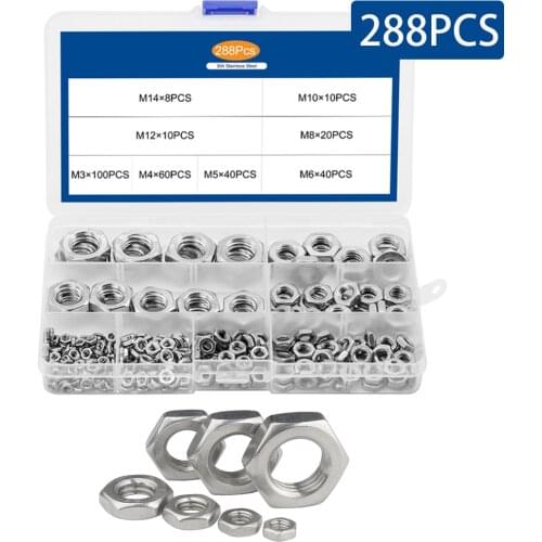 288PCS/Box Hex Hexagon Thin Nuts Assortment Kit M3 M4 M5 M6 M8 M10 M12 304 Stainless Steel Metric DIN439 Hex Thin Nuts Set