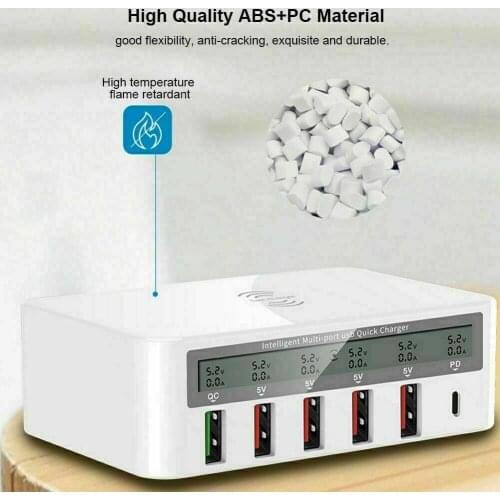 6 Ports Multi-use QC 3.0 LCD USB Hub PD Type C Desktop QI Wireless Fast Charger