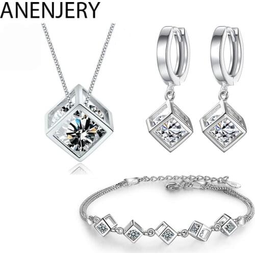 ANENJERY 5 Style 925 Sterling Silver Jewelry Sets Zircon Square Cube Necklace+Earrings+Bracelet For Women Gift