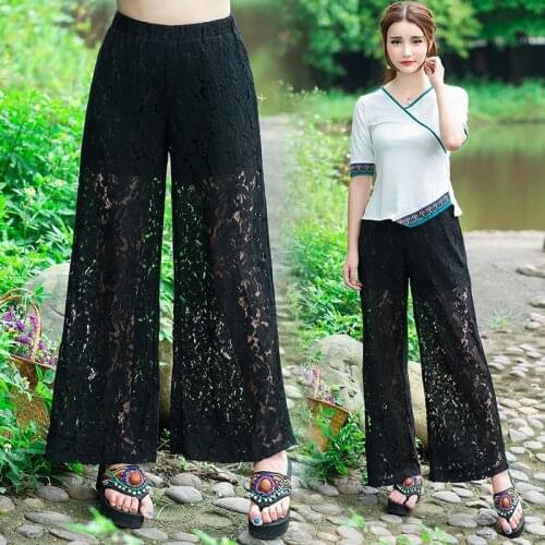Lace Wide Leg Pants 2021 Spring Summer New Elastic High Waist Beach Full Length Trouser Female Retro Loose Straight Pants TA2385
