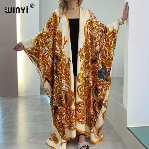 Dubai Autumn 2021 WINYI Women Cardigan Loose Long Dress Cocktail Party Boho Maxi African Holiday Batwing Sleeve Silk Robe