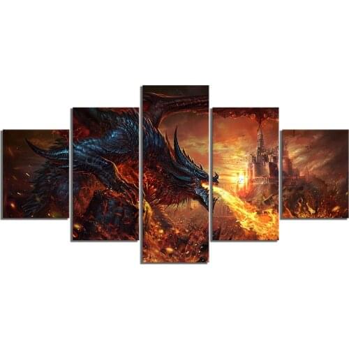 Fantasy Art Paintings Fire Dragon 5 Pcs Modern Home Wall Decor Canvas Picture Art HD Print Painting On Canvas for Living Room
