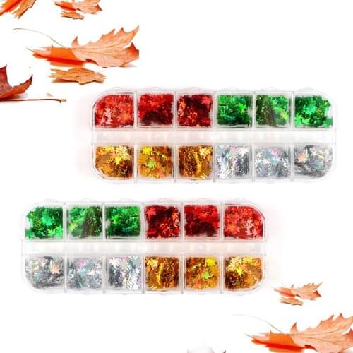 12 Grids Maple Leaves for Nail Design Holographic Nail Art Glitter Sequins Fall Leaf Paillette Chameleon Flakes Sticker Autumn