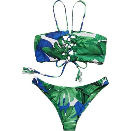 Womens Adjustable Strap Padded Two Piece Tankinis Leaf Printed Bikini Set