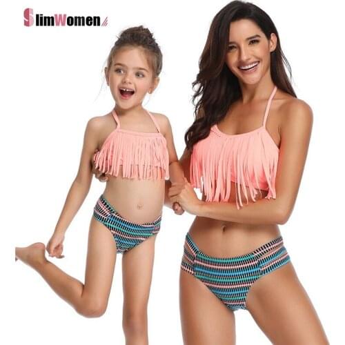 Summer Beach Cute Swimwear Mother Daughter Kawaii Taseel Bikini Bathing Suit Brachwear Swim Outfits Mom Kids Swimsuit Biquini