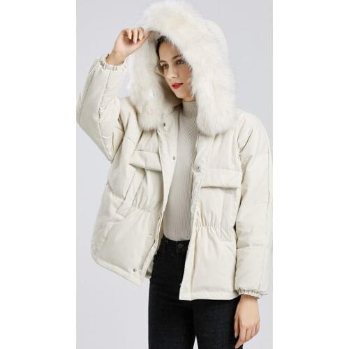 Irregular Loose Warm Snow Short Outwear Winter Women 90% White Duck Down Coat Large Real Raccoon Fur Hooded Jacket New