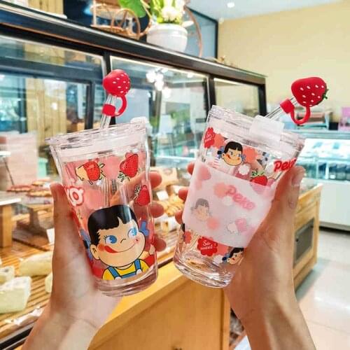 New Cute Strawberry Glass Water Cup With Lid Ins Japanese Cartoon Straw Scale Cup Household Heat Resistant Breakfast Milk Mugs