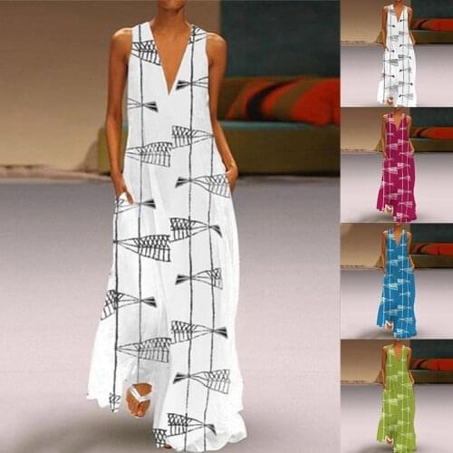 Newest Digital Printing Sleeveless Gown Maxi Dress Deep V-neck Party Evening Dress