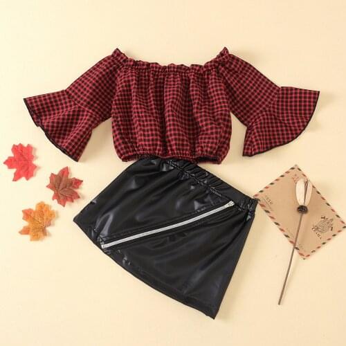 New Cool Girls Fashion Clothes Set 2 Pieces Suit Ruffle One Shoulder + PU Leather Skirt Kids Outfits Sets