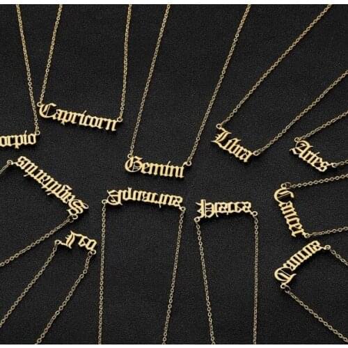 Hfarich Aries Aquarius Old English Font Necklace Stainless Steel Zodiac Necklace Constellation Women Girls Gothic Jewelry