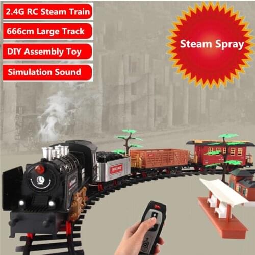 High Simulation Smoking Train With Rechargeable 2.4G RC Steam Train DIY Assembly Block Railway Brain Game Sound Spray Steam Toys