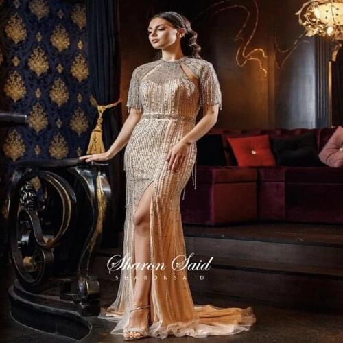 Luxury Beaded Mermaid Dubai Evening Dress with Short Sleeve Open Back Arabic Long Formal Dresses for Women Wedding Party Gowns