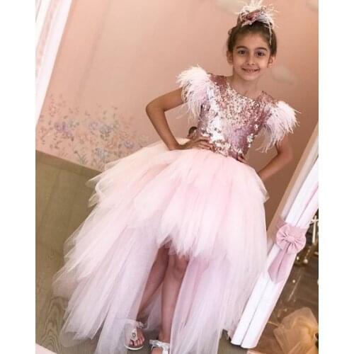 Pink High Low Flower Girl Dress Puffy Tulle Sequins Bow Princess Birthday Party Gowns Kids Clothes 1-14Years