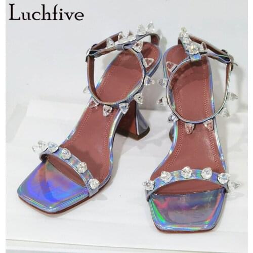 Studded Rivets Peep Toe Sandals Sexy Ankle Strap Ladies Shoes High Heels Shoes Woman Crystal One Belt Sandals Mujer
