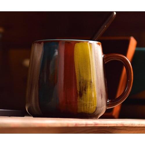 Vintage hand drawn mug High capacity ceramic Cup Coffee mug Milk Tea Cups with lid with spoon Home Drinkware Creative Gifts