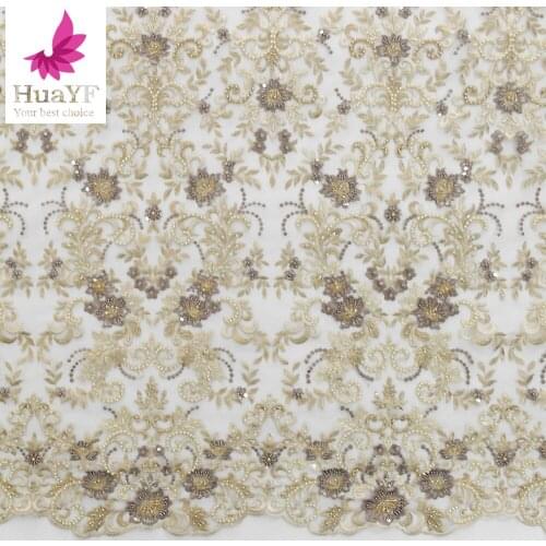 Top End Gold 3d Handmade Beaded Embroidery Sequence Lace With Pearls Dress Fabric HY1302-2