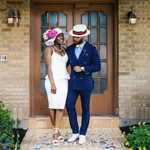 High Quality Blue Fashion Wedding Tuxedos Gently Style Doube Breasted Slim Fit Mens Suits Business Clothing