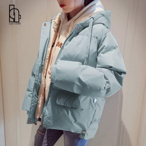 Women Candy Colors Winter Hooded Puffer Jacket Female Loose Long Sleeve Coat Harajuku Warm Parkas Pink White Blue
