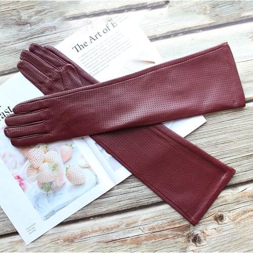 New Women Long Leather Gloves Mesh Style Over Elbow Silk Lining Spring And Autumn High Quality Imported Sheepskin Gloves