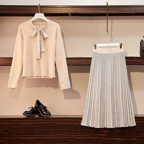 Plus Size Women 2 Piece Set Autumn Winter Long Sleeve Bow Tie Striped Dress Knitted Sweater Suit Skirt Two-piece Suit Drress