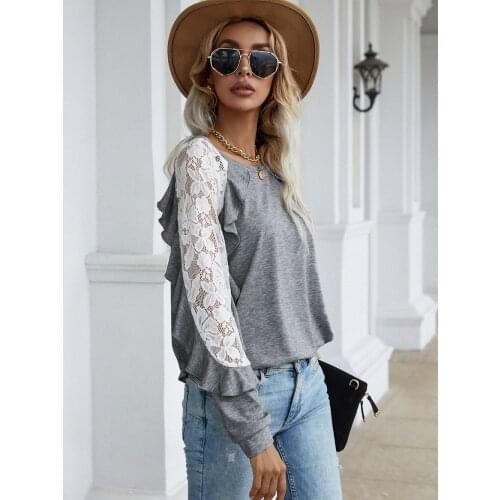 Womens Top Solid Color T-Shirts Mesh Patchwork Lace Ruffles O-Neck Long Sleeve T Shirts Womans Clothing 2021 Casual Loose Tops