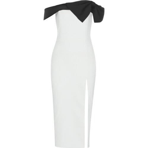 2021 New Bandage Dress Women Sexy White Slash Neck Bodycon Party Club Elegant Bow Summer Clothes