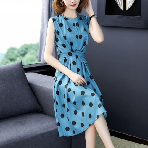 2021 Vintage Blue Dot Sleeveless Midi Dress Spring Summer 2XL Plus Size Print Runway Dress Elegant Women Bodycon Party Vestidos