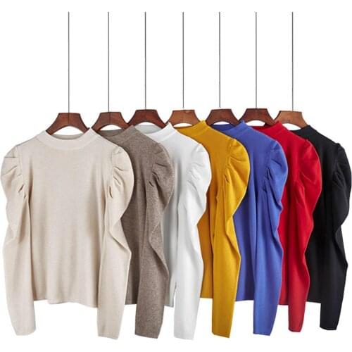 Winter clothes Autumn Half Sleeve Solid Color Long Puff Sleeve Knitwear Slim Blouse Top Knitwear Sweater Women Pullover 2020