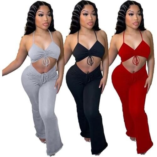 ZKYZWX Stacked Bodycon Jumpsuit Backless Bandage Hollow Sexy Night Club Outfits for Women One Piece Flare Pants Overall Rompers