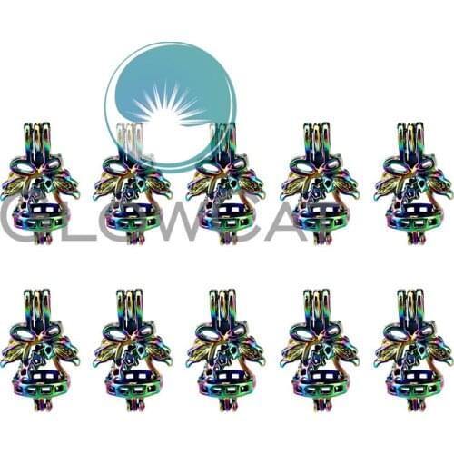 10x C388 Rainbow Colors Bell Bowknot Beads Cage Jewelry Making Perfume Essential Oil Diffuser Pearl Cage Locket Pendant