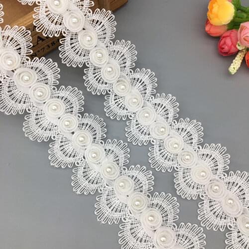 2 yards White Pearl Beaded Rose Flower Lace Trim Embroidered Lace Ribbon Fabric Costume Wedding Dress Sewing Craft Accessories
