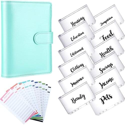 25 Pieces PU Leather Notebook Binder Budget Planner 6 Ring Binder Cover 12 Transparent Binder Pockets and Expense Budget Sheets