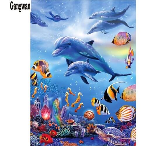 Diamond Painting Marine scenic Full Round animal Dolphin pattern Cross Embroidery 5D Underwater world summer style kids painting