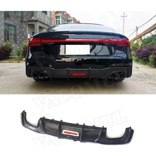 Carbon fiber Rear Lip Diffuser With Lamp Spoiler For Audi A7 S7 RS7 2019-2021 FRP Car Fins Shark Style Bumper Protector