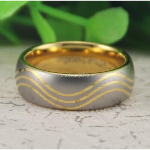 Free Shipping USA UK Canada Russia Brazil Hot Sales 8MM Gold Color Dome Wave Design New New Mens Fashion Tungsten Wedding Ring