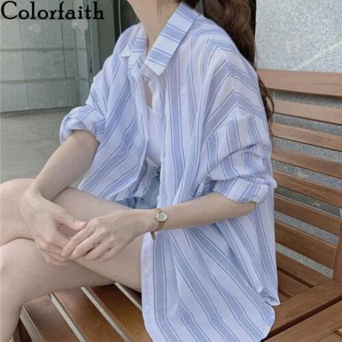 Colorfaith New 2021 Summer Autunm Blouses Shirts Striped Vintage Oversize Korean Style Office Lady Fashionable Wild Tops BL3365