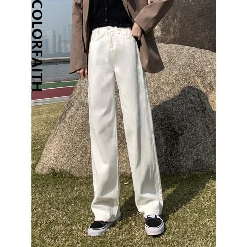 Colorfaith New 2021 Spring Autumn Women Pants High Waist Straight Pockets Fashionable Wild Wide Leg Ankle-Length Trousers P802