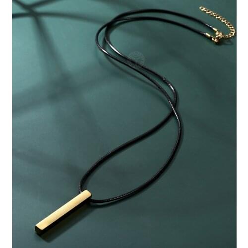 Long Square Bar Vertical Necklace For Men Women Pendant Stainless Steel Rolo Chain Leather Rope Love Gift Personalized DNM32A