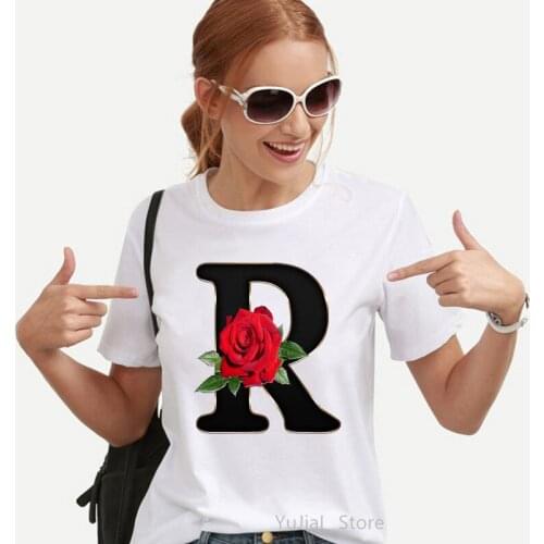 Rose Flower Alphabet R Print Women Tshirts Funny T Shirt Femme Harajuku Oversized Shirt Summer Fashion Female T-Shirt