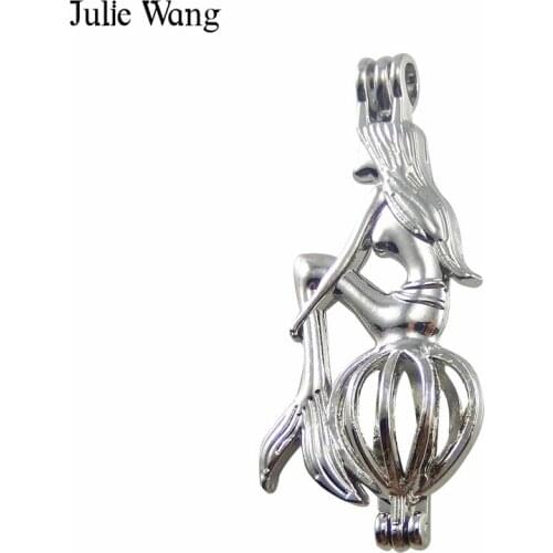 Julie Wang 2pcs White K Alloy Sitting Mermaid Essential Oil Diffuser Perfume Locket Charms Pendants Findings Jewelry Accessory