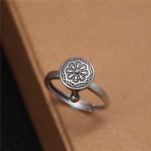 Retro Silver Plated Men Womens Six-word Mantra Open Ring Prayer Wheel Design Lotus Ring Wedding Ring Fashion Jewelry Party Gift