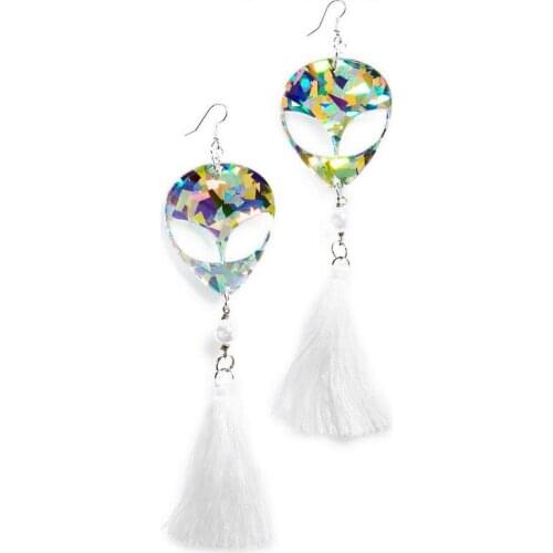 Fashion Super Long White Tassel Earrings for Women Futuristic Dazzling Extra-terrestrial Head Drop Earrings Party Jewelry E18168