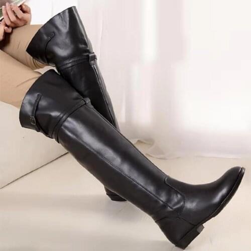 FashionWoman Black Belt Strap Buckle Thigh Boots Round Toe Flat Heel Winter Boots Over Knee Boots Width Fit Kight Boots