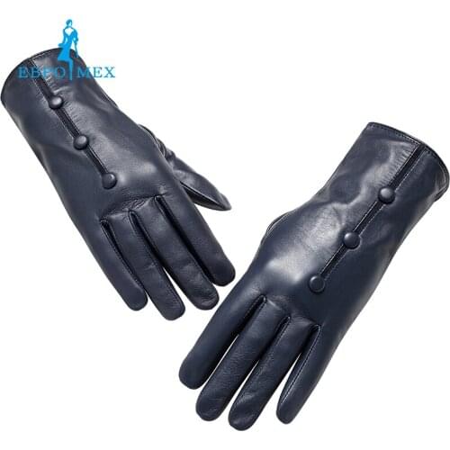 Genuine Leather gloves female Fashion leather gloves Vintage gloves women Top Grade gloves winter Small black snap design