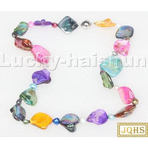 Natural 18" Baroque white pearls Multicolor seashell necklace magnet clasp c122