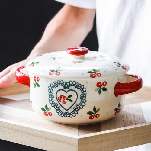2021 New Small Fresh Hand-painted Tableware Household Cherry Large Capacity Noodle Bowl With Lid