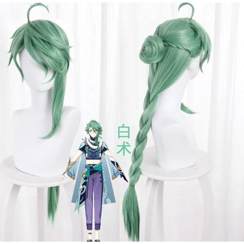 Genshin Impact BaiZhu Cosplay Wig Unisex 100cm Long Green Wig Cosplay Anime Cosplay Wigs Heat Resistant Synthetic Halloween Wigs