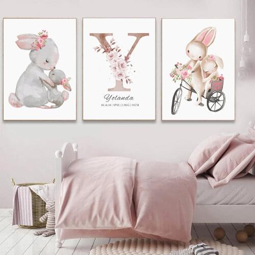 Custom Name Wall Poster Print Nursery Baby Girl Personalized Flower Gift For Kids Wall Art Bunny Rabbit Canvas Painting Pictures